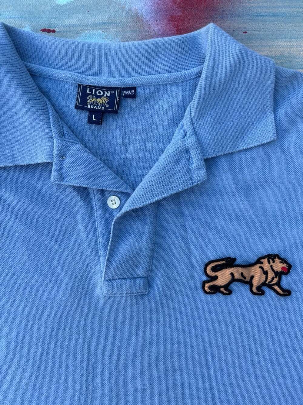 Vintage Lion Brand Light Blue Polo Shirt with Patch, Size L